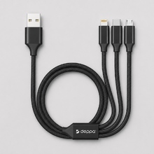 Дата-кабель 3 в 1: micro USB, USB-C, Ligthning, алюминий, 1.2м, черный