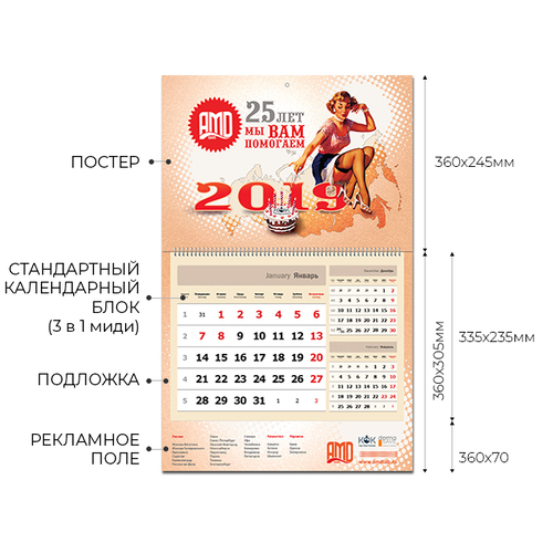 календарь квартальный с 1 пружиной и 1 рекламным полем_Размеры