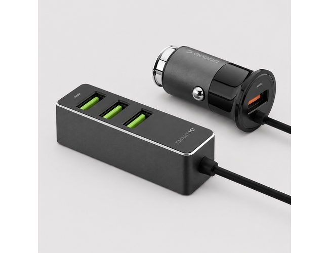 АЗУ 1 USB + 3 USB для пассажиров, QC 3.0, 7Аa, графит