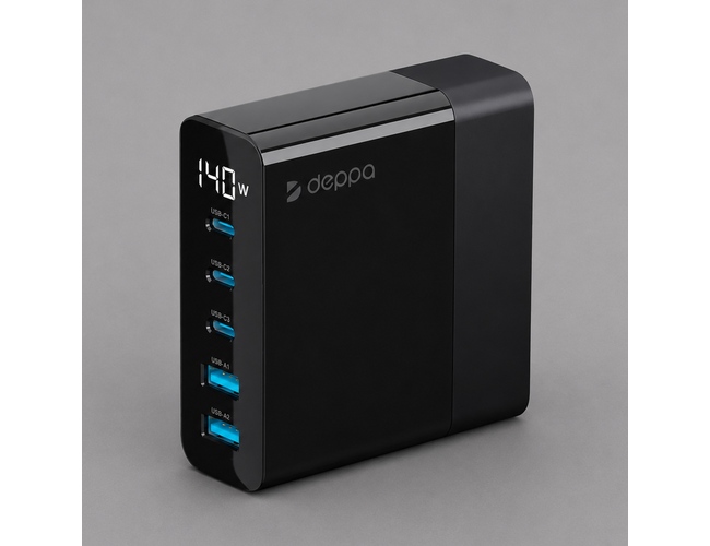 Зарядная станция 3xUSB Type-C, 2xUSB, PD, QC, 140Вт, черный