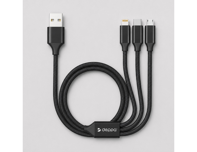 Дата-кабель 3 в 1: micro USB, USB-C, Ligthning, алюминий, 1.2м, черный