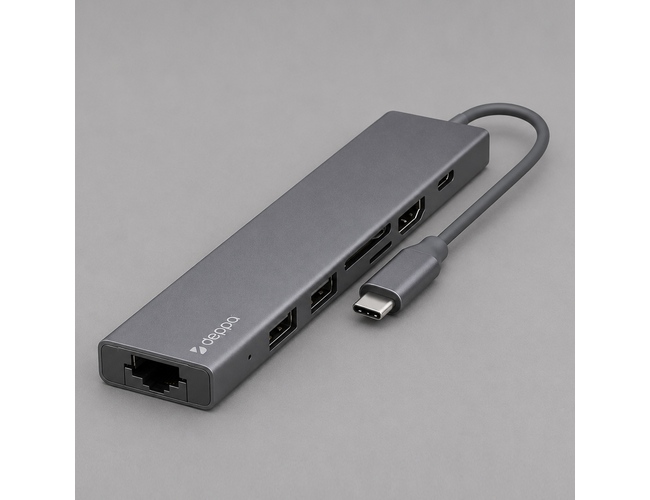 USB Type-C хаб 7-в-1, HDMI, Power Delivery, 2xUSB 3.0, RJ45, microSD/SD, графит
