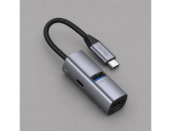 USB-хаб 3 в 1 USB-C - USB-A3.0 + USB-C PD100Вт + HDMI, серый