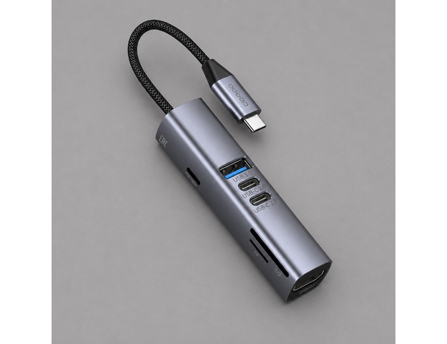 USB-хаб 7 в 1 USB-C - USB-A3.0 + 2хUSB-C + USB-C PD100Вт + HDMI + SD + microSD, серый