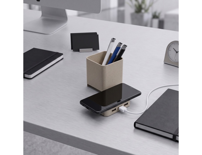 Настольный органайзер Cubic с функциями USB-хаба и беспроводной зарядки, натуральный