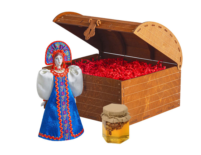 Подарочный набор: кукла фарфоровая, мёд с гецким орехом, синий