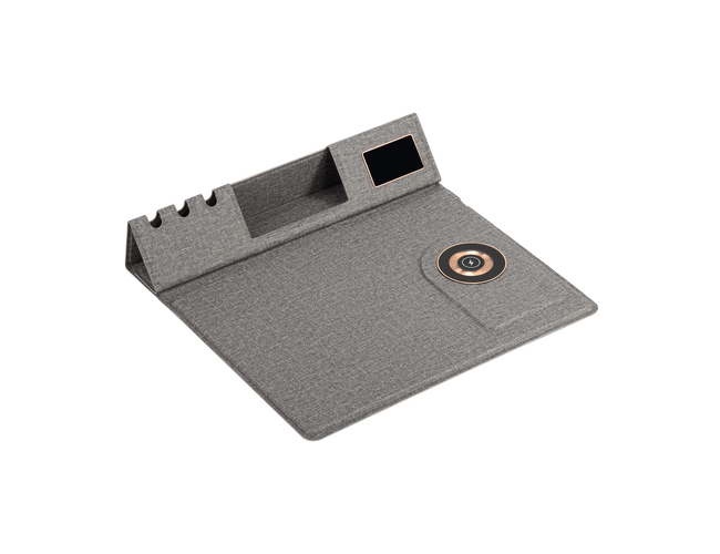 Настольная складная подставка "Cool Mat" с беспроводным (15W) ЗУ, сенсорной подсветкой логотипа, функцией MagSafe и ковриком для мыши, серый