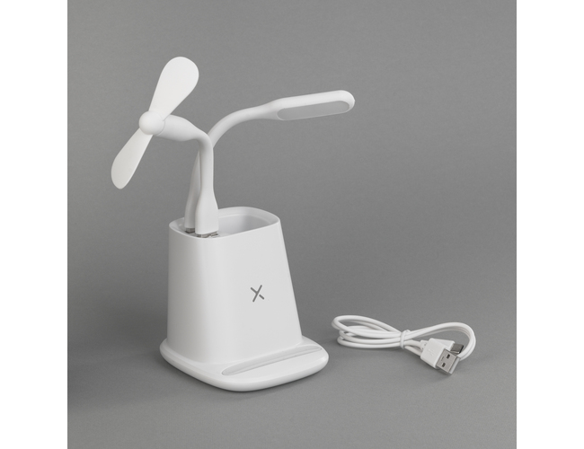 Карандашница "Smart Stand" с беспроводным зарядным устройством, вентилятором и лампой (2USB разъёма), белый