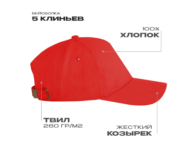 Бейсболка STAN 5 клиньев хлопок 260, 12, Красный,  (14)  (56-58/ONE SIZE)