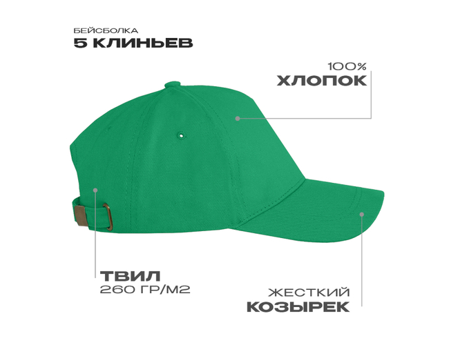 Бейсболка STAN 5 клиньев хлопок 260, 12, Зелёный,  (30)  (56-58/ONE SIZE)