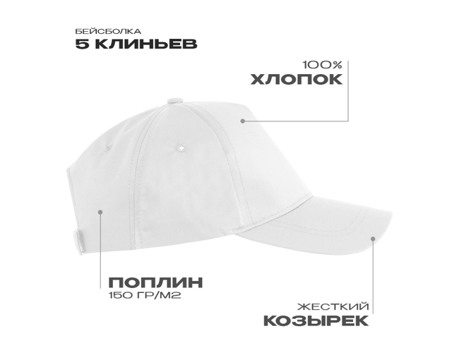 Бейсболка STAN 5 клиньев хлопок, 150, 13, Белый,  (10/1)  (56-58/ONE SIZE)