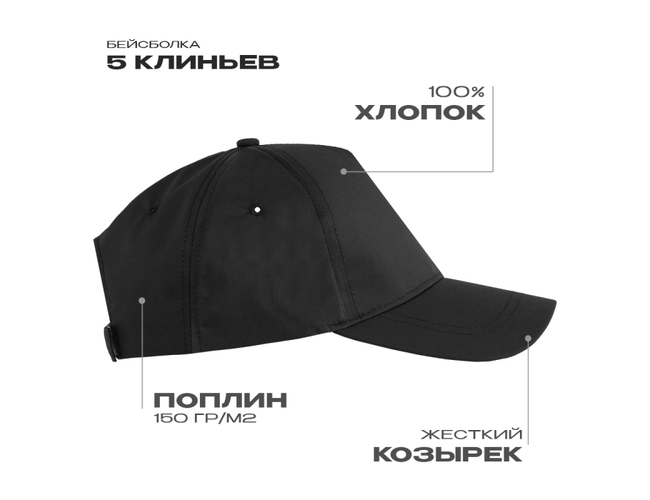 Бейсболка STAN 5 клиньев хлопок, 150, 13, Чёрный,  (20)  (56-58/ONE SIZE)