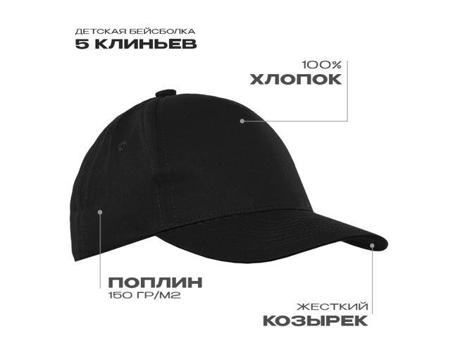 Бейсболка детская STAN 5 клиньев хлопок 150, 10J, Чёрный,  (20)  (52-54/ONE SIZE)