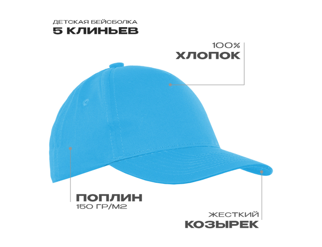 Бейсболка детская STAN 5 клиньев хлопок 150, 10J, Бирюзовый,  (32)  (52-54/ONE SIZE)