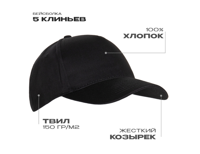 Бейсболка STAN 5 клиньев хлопок 150, 10L, Чёрный,  (20)  (56-58/ONE SIZE)