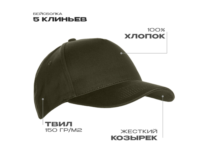 Бейсболка STAN 5 клиньев хлопок 150, 10L, Оливковый хаки,  (36)  (56-58/ONE SIZE)