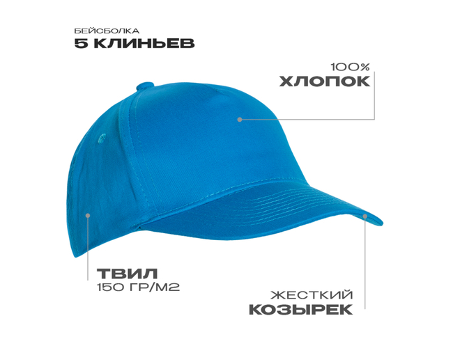 Бейсболка STAN 5 клиньев хлопок 150, 10L, Лазурный,  (40/1)  (56-58/ONE SIZE)