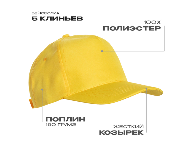 Бейсболка STAN 5 клиньев полиэстер 150, 10P, Жёлтый,  (12/1)  (56-58/ONE SIZE)