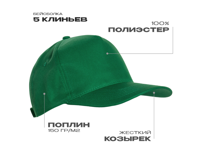 Бейсболка STAN 5 клиньев полиэстер 150, 10P, Зелёный,  (30)  (56-58/ONE SIZE)