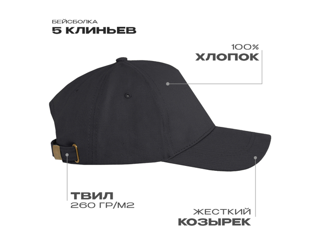 Бейсболка STAN 5 клиньев хлопок, 260, 112, Тёмно-серый,  (100/1)  (56-58/ONE SIZE)