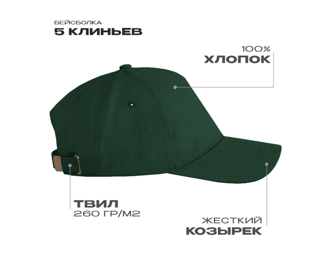 Бейсболка STAN 5 клиньев хлопок, 260, 112, Тёмно-зелёный,  (130)  (56-58/ONE SIZE)