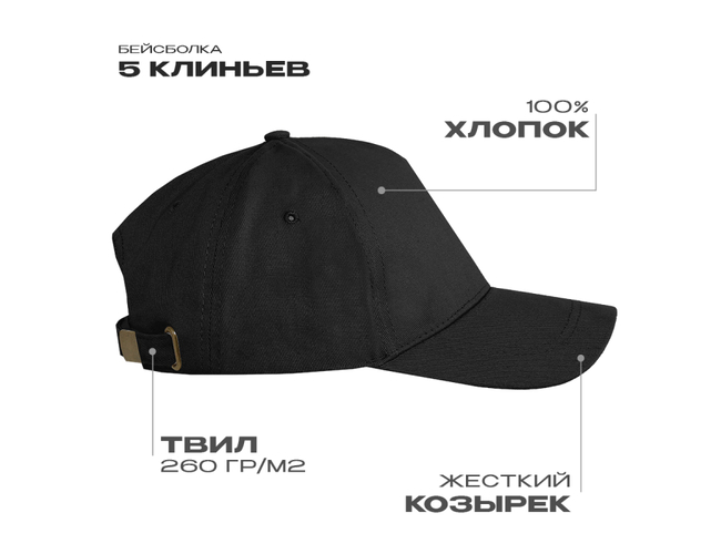 Бейсболка STAN 5 клиньев хлопок, 260, 112, Чёрный,  (20)  (56-58/ONE SIZE)