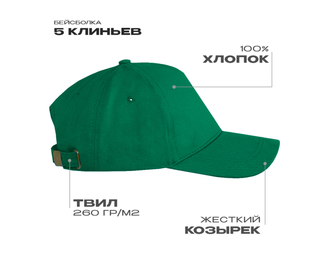 Бейсболка STAN 5 клиньев хлопок, 260, 112, Зелёный,  (30)  (56-58/ONE SIZE)