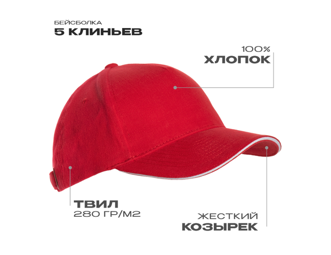Бейсболка с кантом STAN 5 клиньев хлопок 280, 11K, Красный,  (14)  (56-58/ONE SIZE)