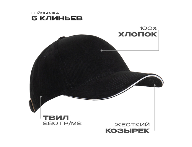 Бейсболка с кантом STAN 5 клиньев хлопок 280, 11K, Чёрный,  (20)  (56-58/ONE SIZE)