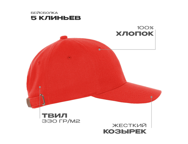 Бейсболка STAN 5 клиньев хлопок 330, 01, Красный,  (14)  (56-58)