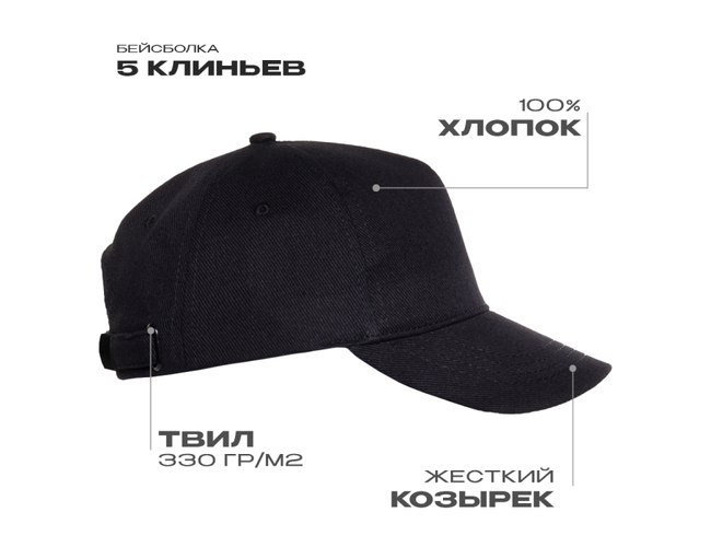 Бейсболка STAN 5 клиньев хлопок 330, 01, Чёрный,  (20)  (56-58)