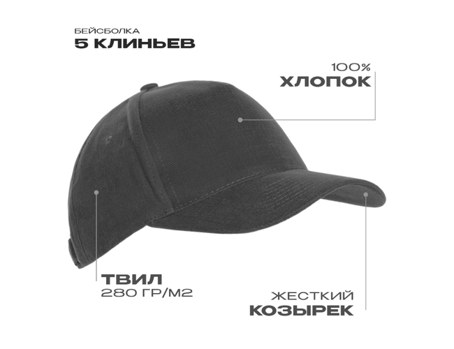 Бейсболка STAN 5 клиньев хлопок 280, 03, Тёмно-серый,  (100/1)  (56-58)