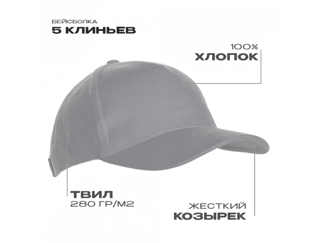 Бейсболка STAN 5 клиньев хлопок 280, 03, Светло-серый,  (72)  (56-58)