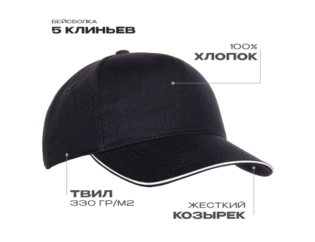 Бейсболка с кантом STAN 5 клиньев хлопок 330, 04, Чёрный,  (20)  (56-58)