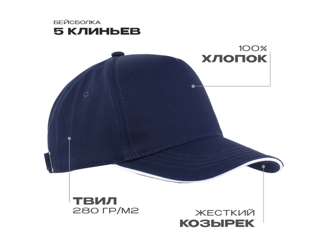 Бейсболка с кантом STAN 5 клиньев хлопок 280, 14, Тёмно-синий,  (46)  (56-58)