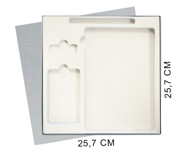 Коробка подарочная Solution Superior Linen, серебро, 25,7x25,7, с вырубкой под ежедневник/ручку/флешку/пауэрбанк 7,0х11,7