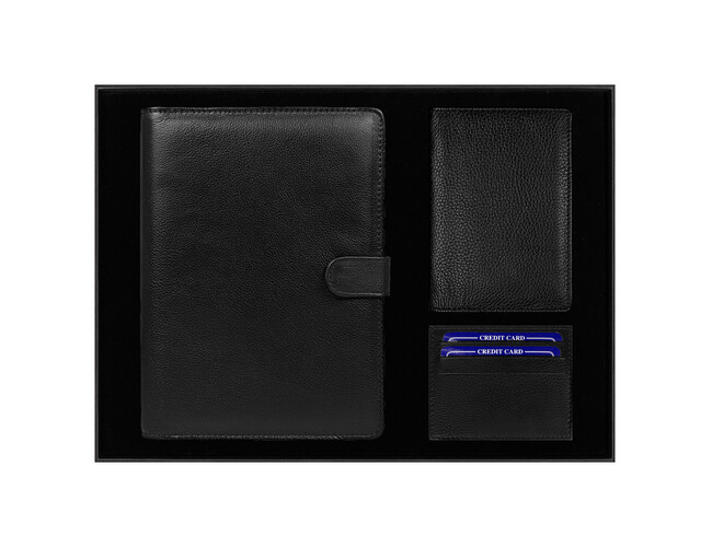 Набор подарочный Solution Prestige Quadro (Блокнот Flexy Forest Urban Latte в суперобложке Country Leather Sky, обложка для автодокументов Leather Sun, футляр для кредитных карт/картхолдер Leather Way)