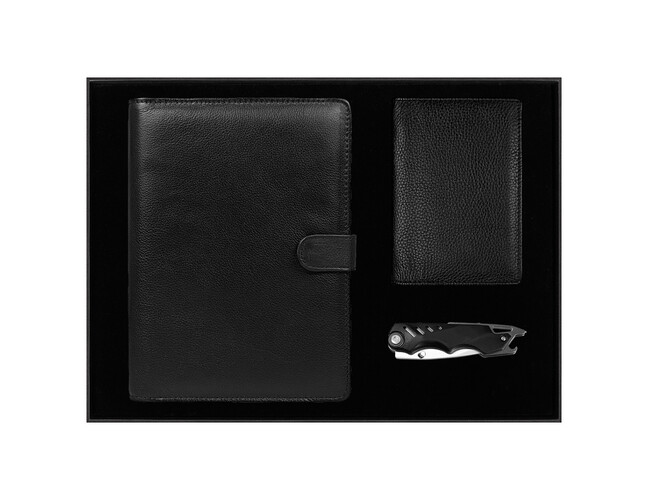 Набор подарочный Solution Prestige Quadro (Блокнот Flexy Forest Urban Latte в суперобложке Country Leather Sky, обложка для автодокументов Leather Sun, нож складной Tools Impression)