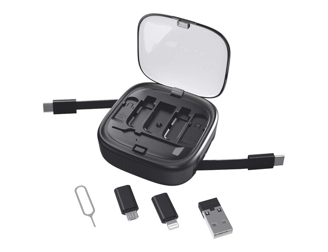 Кабель зарядный выдвижной USB Solid Link 5-в-1 на Lightning, Micro-USB, Type-C «U50» 2,4 A, C to C, Quick Charge с подставкой для телефона, квадратный, черный