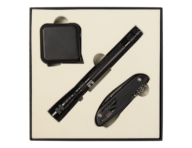 Набор подарочный Solution Superior Trio (Фонарь телескопический Tools Flashlight, рулетка Tools Master, 3 метра, нож складной многофункциональный Tools Driver, 7 в 1) черный