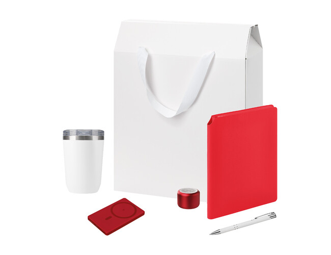 Подарочный набор Велком Пак Премиум (Welcome Pack Premium), красный (термокружка, колонка, ежедневник, ручка, ЗУ, коробка-пакет)
