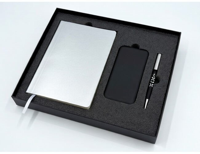 Набор подарочный SILVER: бизнес-блокнот, ручка и power bank в коробке с ложементом