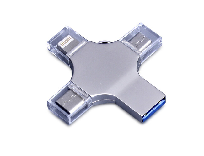 USB 3.0-флешка на 128 Гб 4-в-1 с разъемами Micro USB, Type-C и Lightning, серебристый