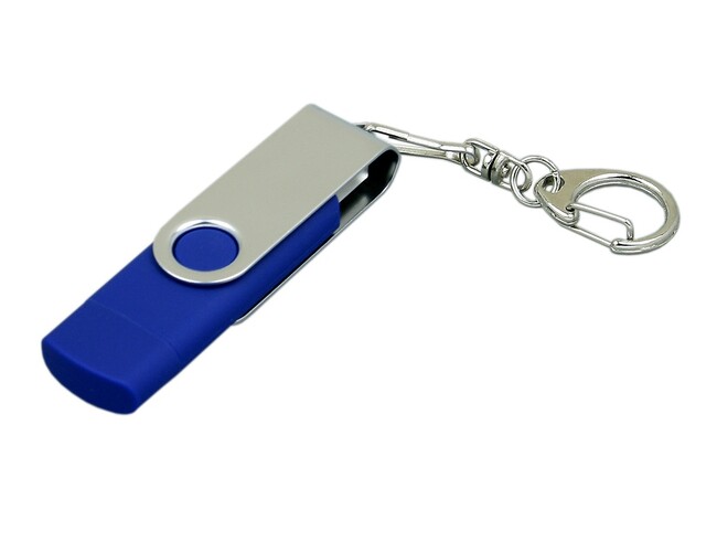 USB 2.0- флешка на 16 Гб с поворотным механизмом и дополнительным разъемом Micro USB, синий/серебристый
