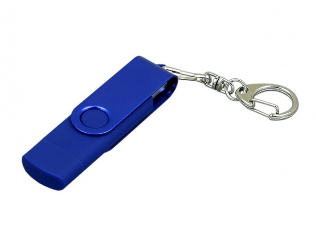USB 2.0- флешка на 16 Гб с поворотным механизмом и дополнительным разъемом Micro USB, синий